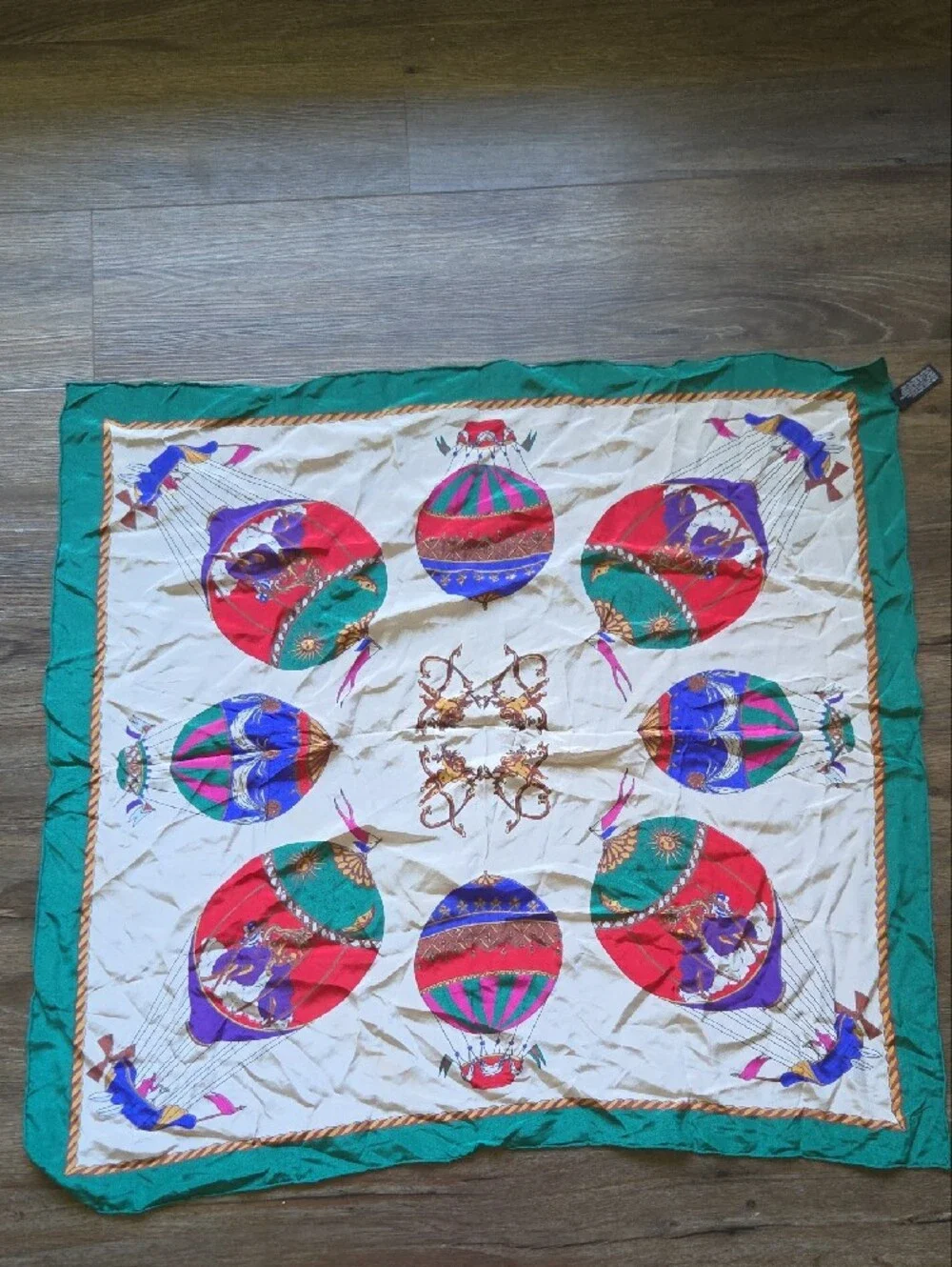 Green And White Celestial Hot Air Balloon Decorative Scarf 100% Silk